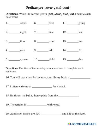 Prefixes over, out, pre, mid