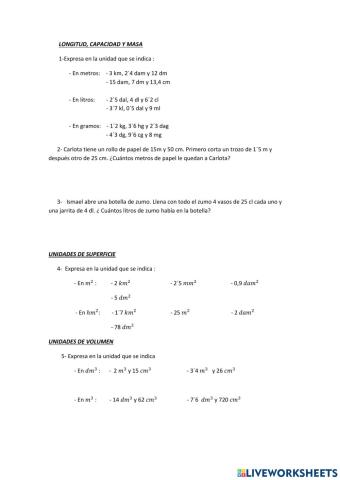 Longitud, capacidad, masa, superficie, volumen , sistema sexagesimal y relación volumen y capacidad