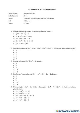 Evaluasi Pembelajaran Polinomial 1