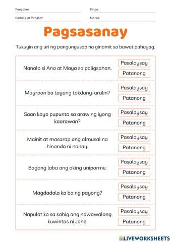 Uri ng Pangungusap: Pasalaysay at Patanong