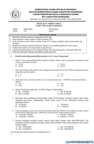 Soal Pat matematika kelas VII 2022-2023 mtss ma'arif tieng kejajar wonosobo