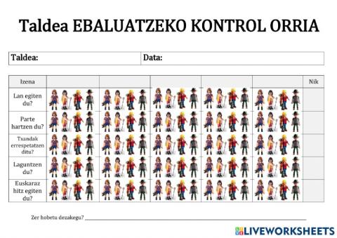 Taldea ebaluatzeko kontrol orria