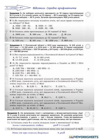 К-контроль №9 Відсотки. Середнє арифметичне