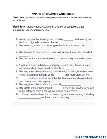 Vaping Interactive Worksheet