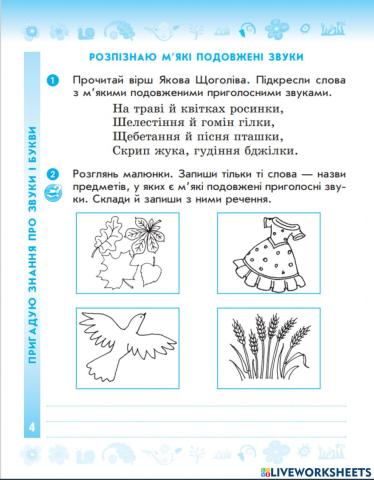 Розпізнаю м’які приголосні звуки.  Побудова звукових схем слів. Написання тексту на задану тему.