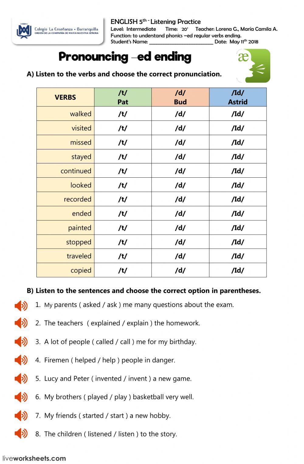 Pronunciation regular verbs -ed ending worksheet | Live Worksheets