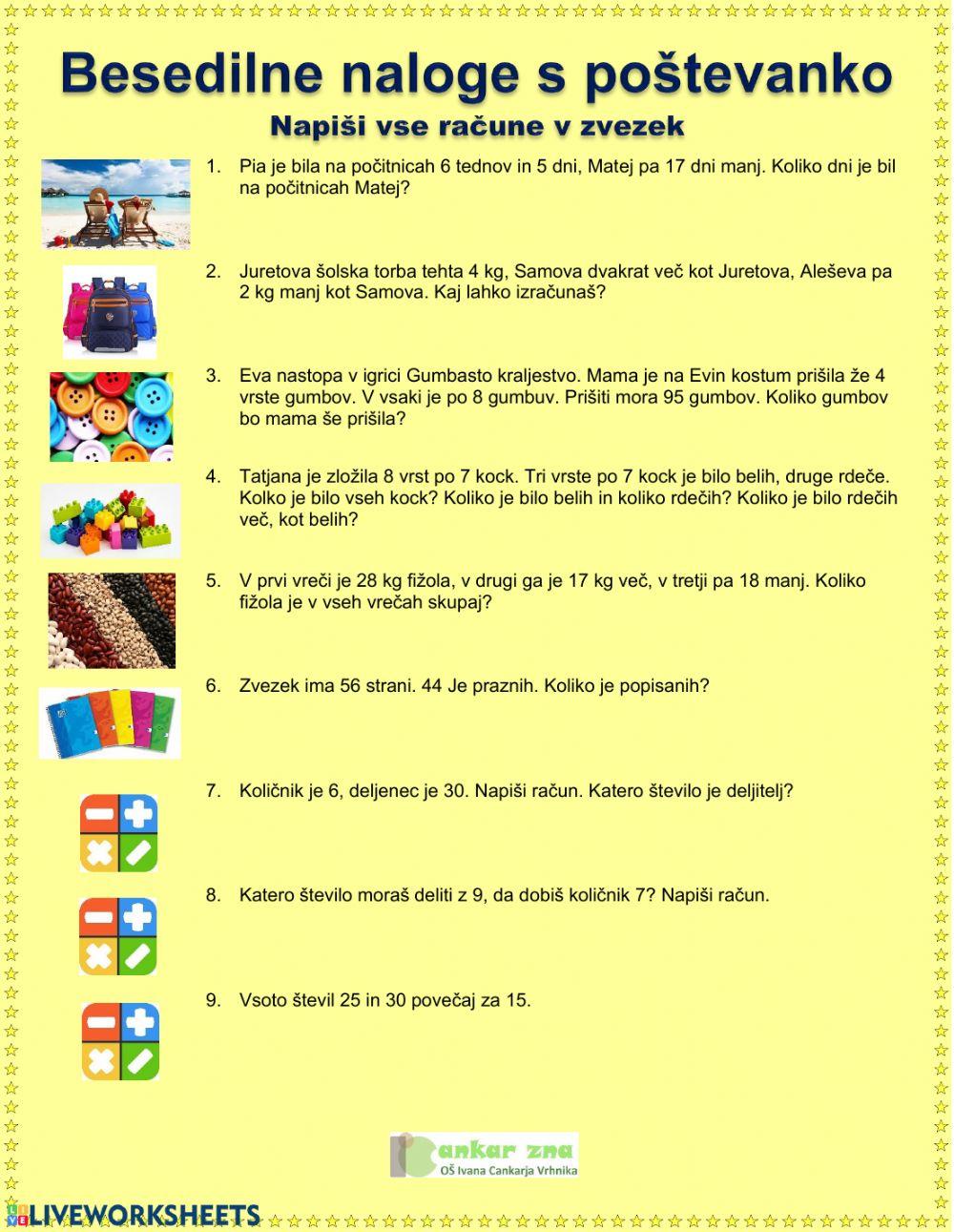 Besedilne naloge activity | Live Worksheets