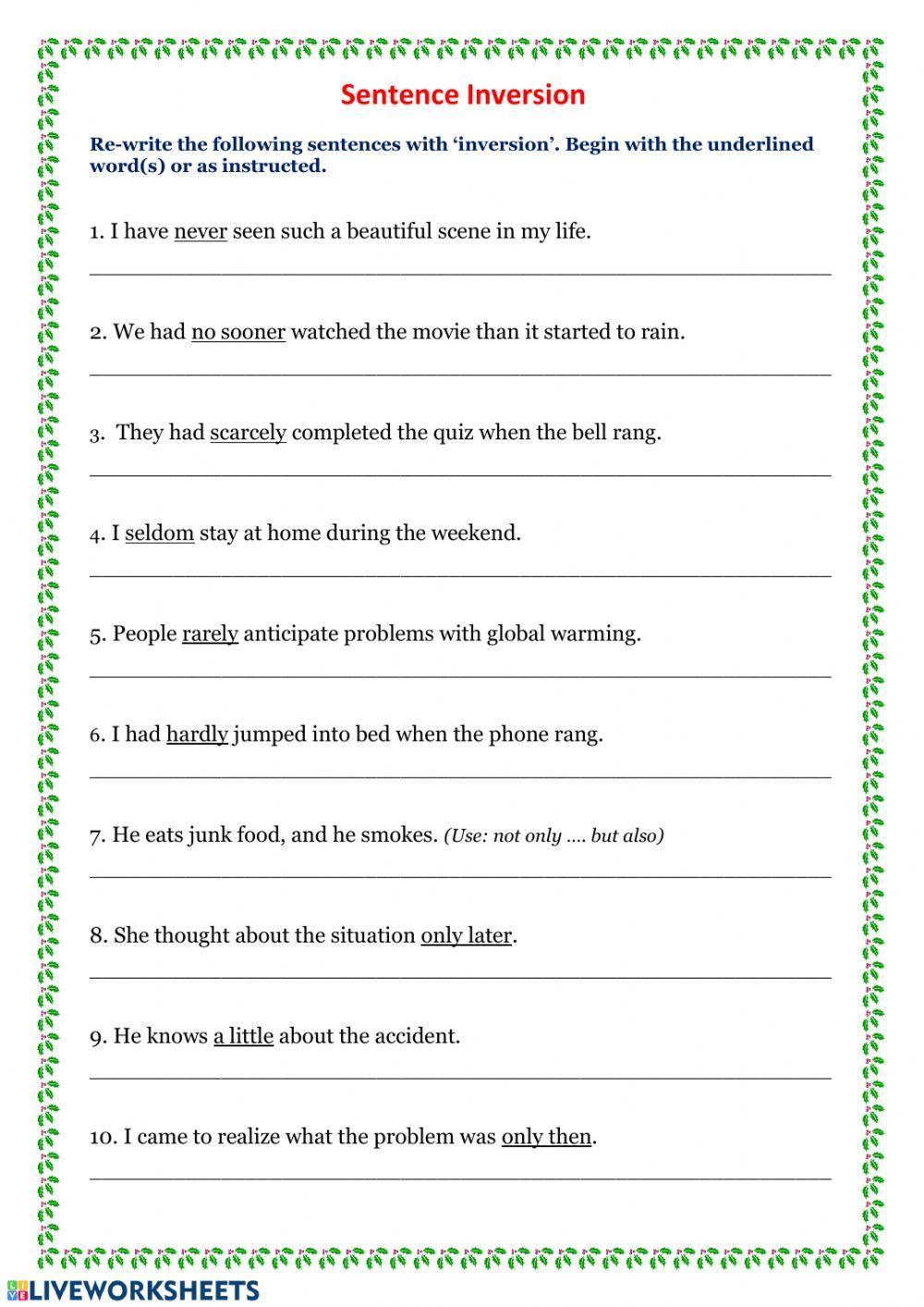 Sentence Inversion worksheet | Live Worksheets