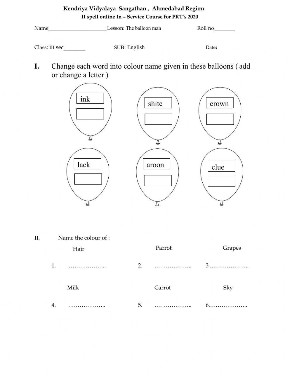 CLASS -3 english work sheet