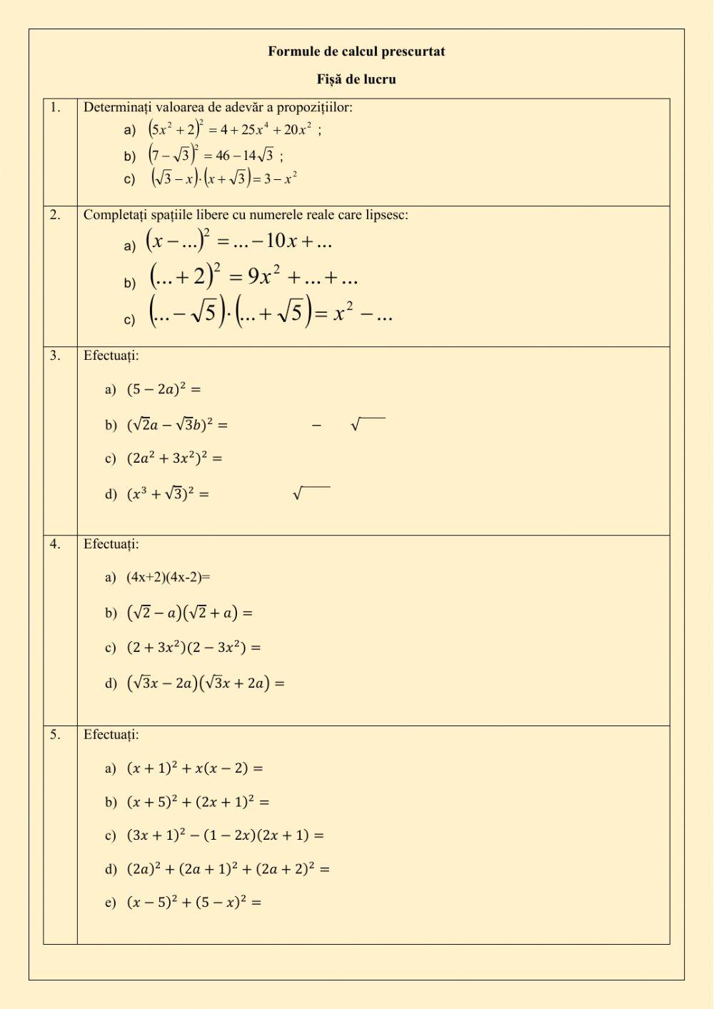 Formule de calcul prescurtat worksheet | Live Worksheets
