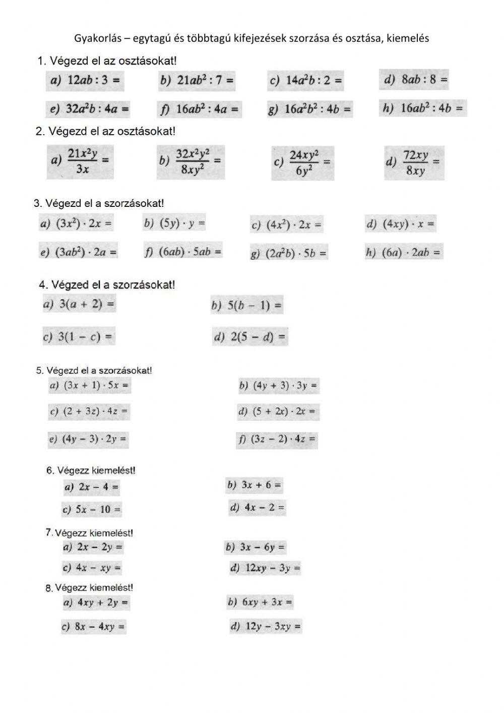 Algebrai kifejezések szorzása, osztása, kiemelés worksheet | Live Worksheets