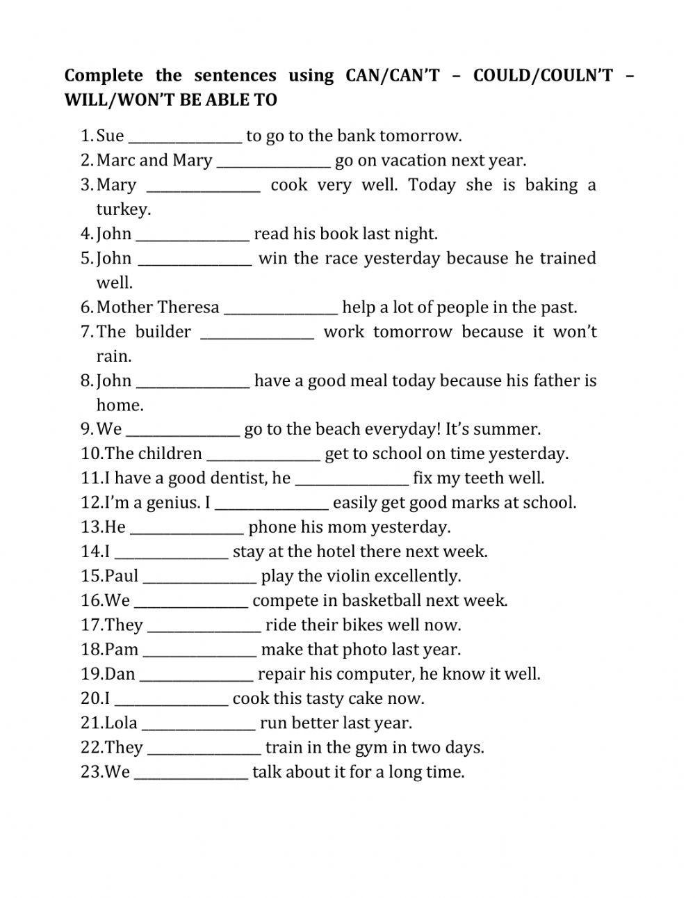 Can - could - will be able to worksheet | Live Worksheets
