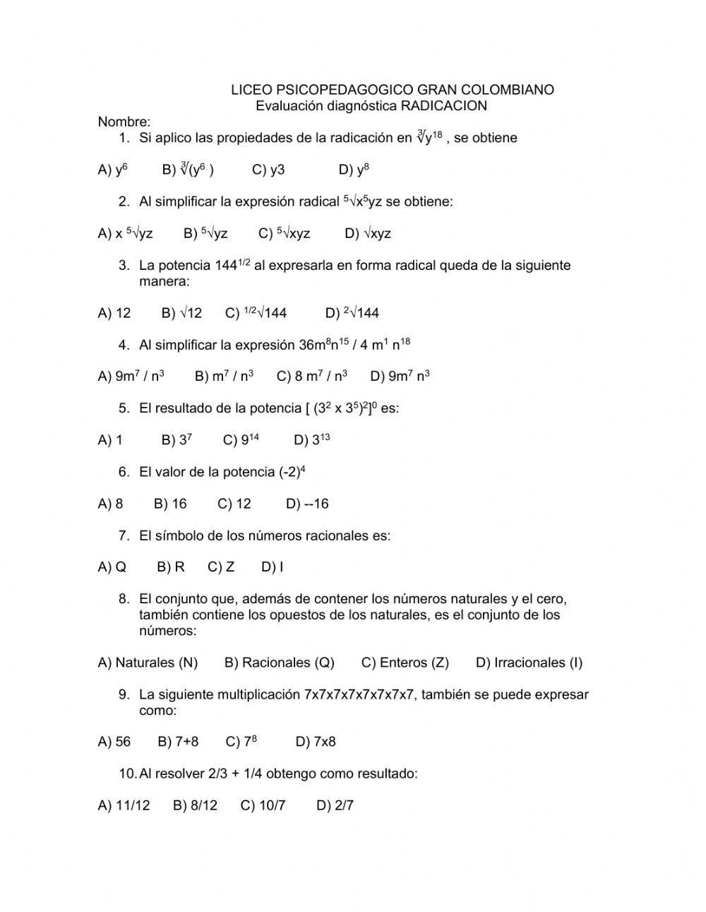 Simplificação de radicais interactive worksheet