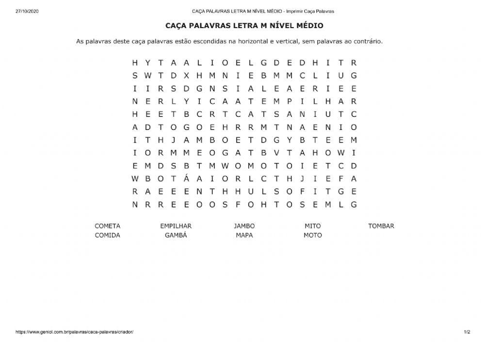 Caça palavras letra m nível médio worksheet