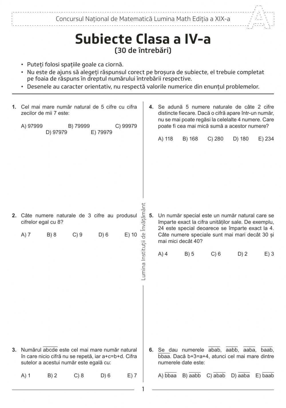 Subiecte LuminaMath-2015 worksheet | Live Worksheets