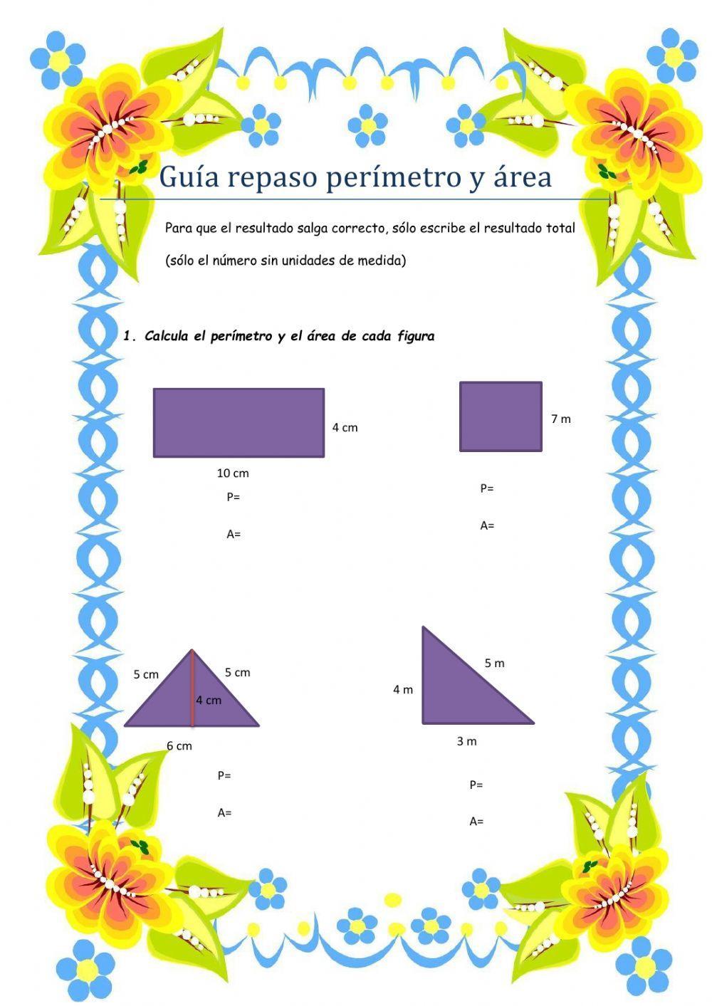 Guia área y perímetro cuadrado, triángulo y rectángulo worksheet | Live  Worksheets