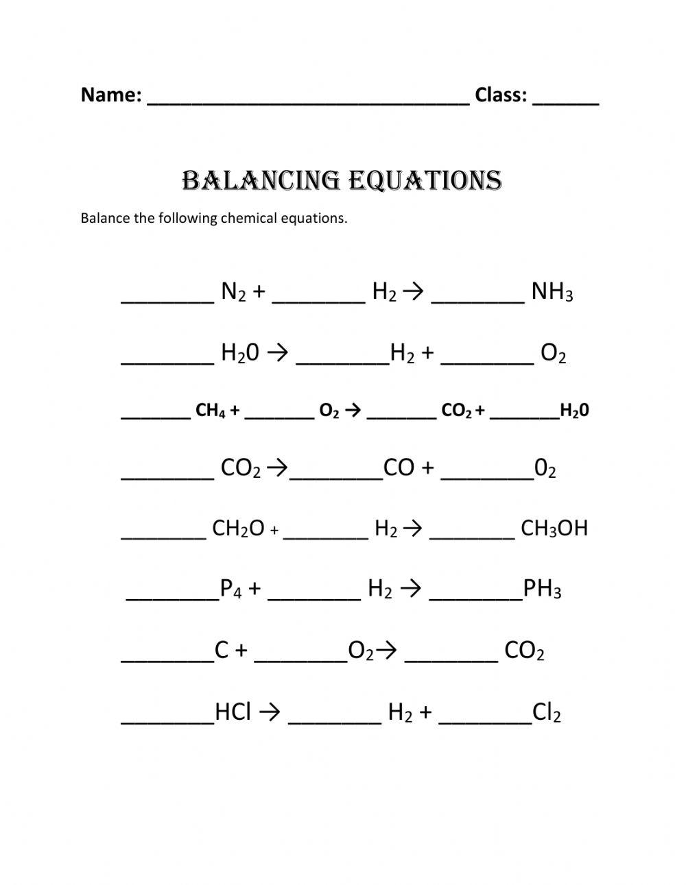 Balancing Chemical Equation activity | Live Worksheets