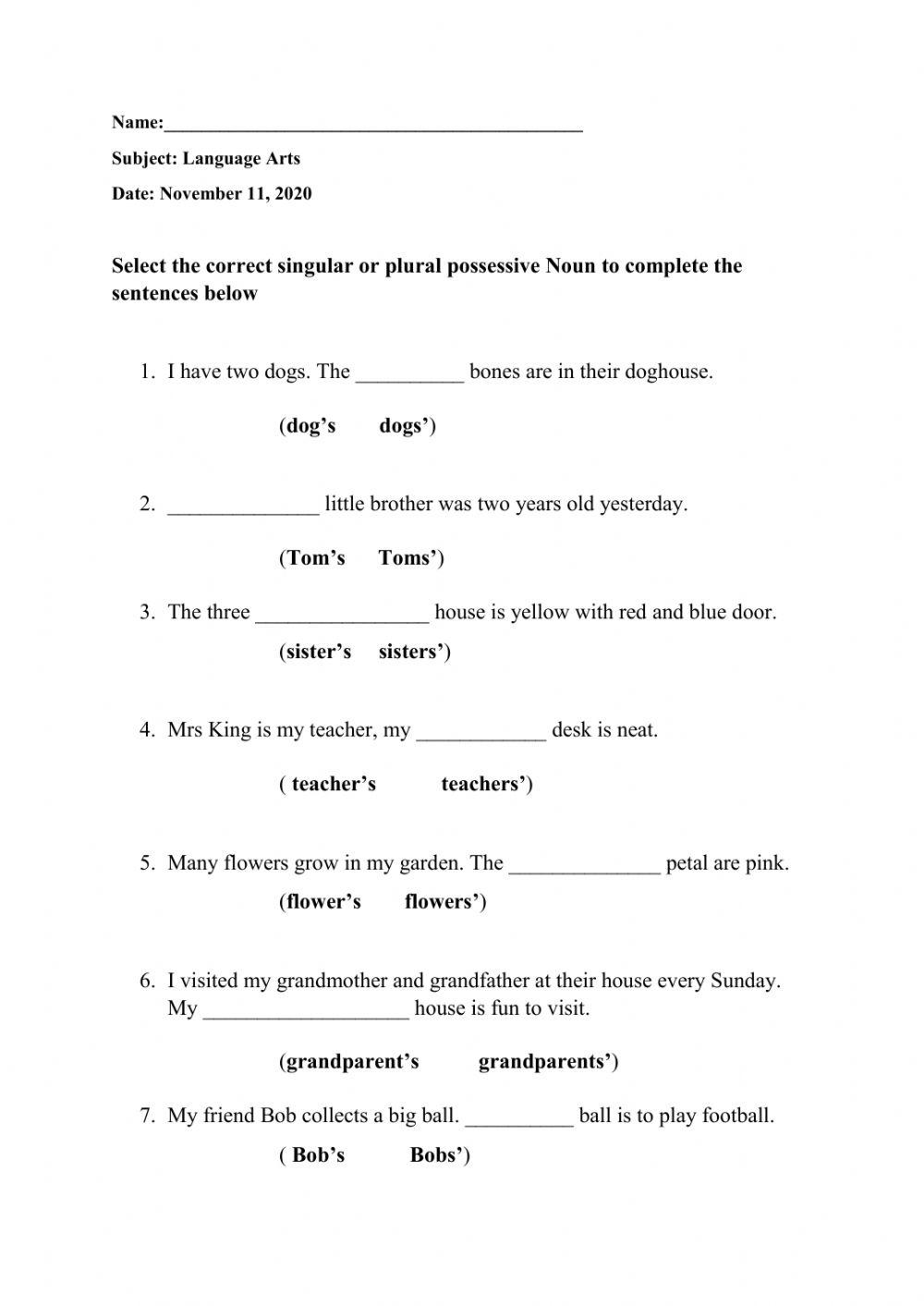 Possessive Nouns online pdf exercise | Live Worksheets