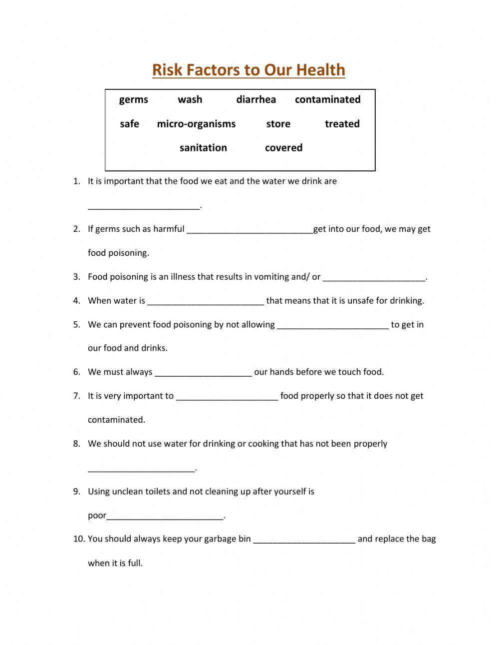 Risk Factors To Health Worksheet Live Worksheets