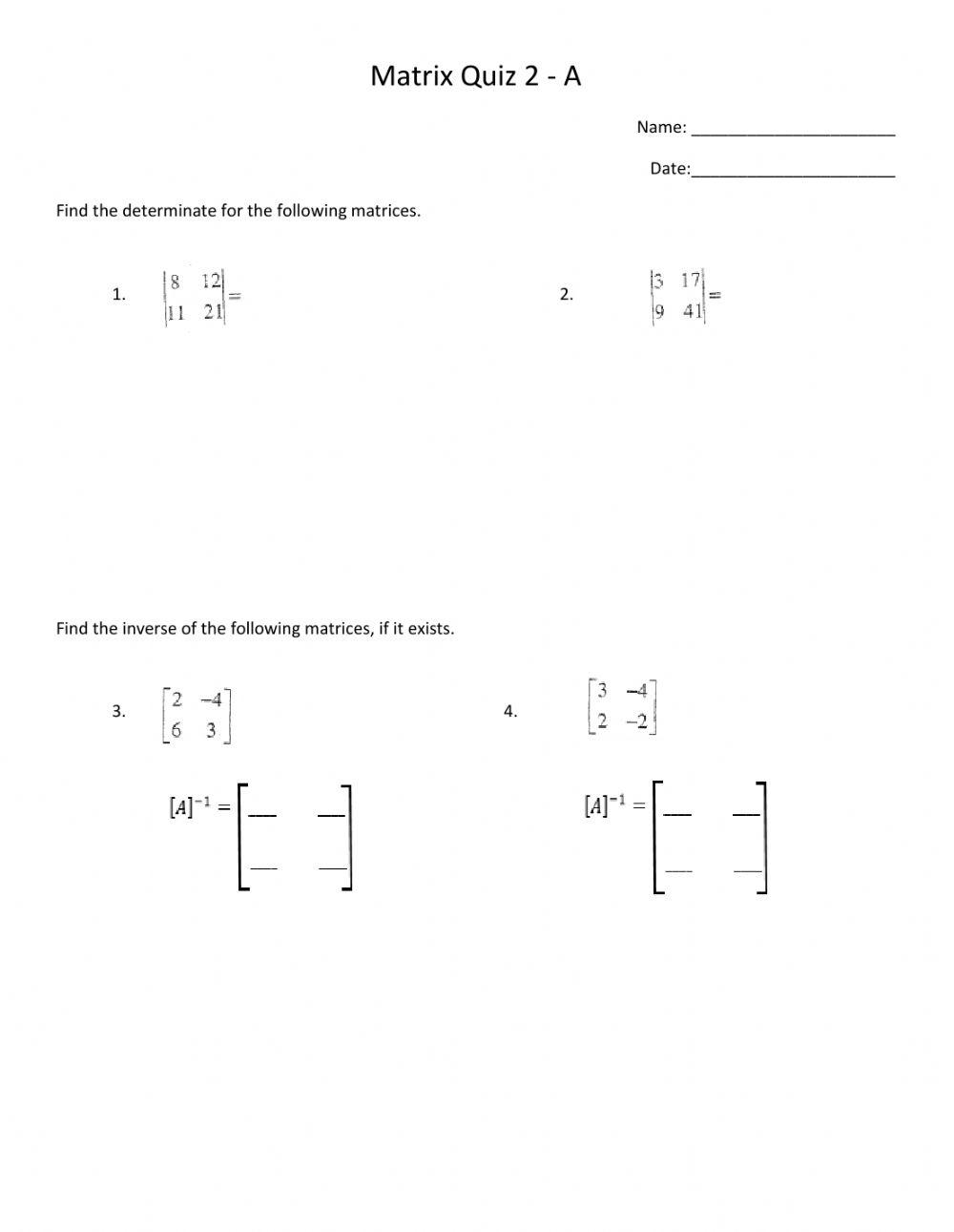 Determinate-Inverse Quiz for 2x2 Matrices worksheet | Live Worksheets