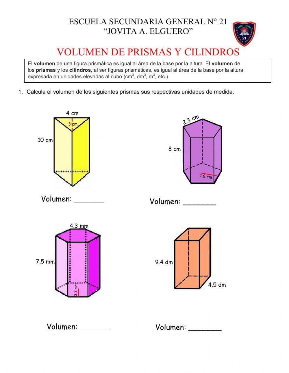 Volumen de prismas y cilindros worksheet | Live Worksheets