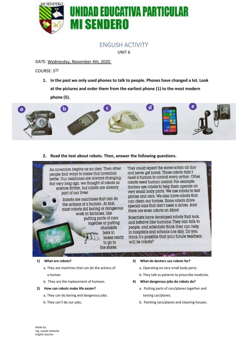 5th Unit 5 Reading Practice ROBOTS