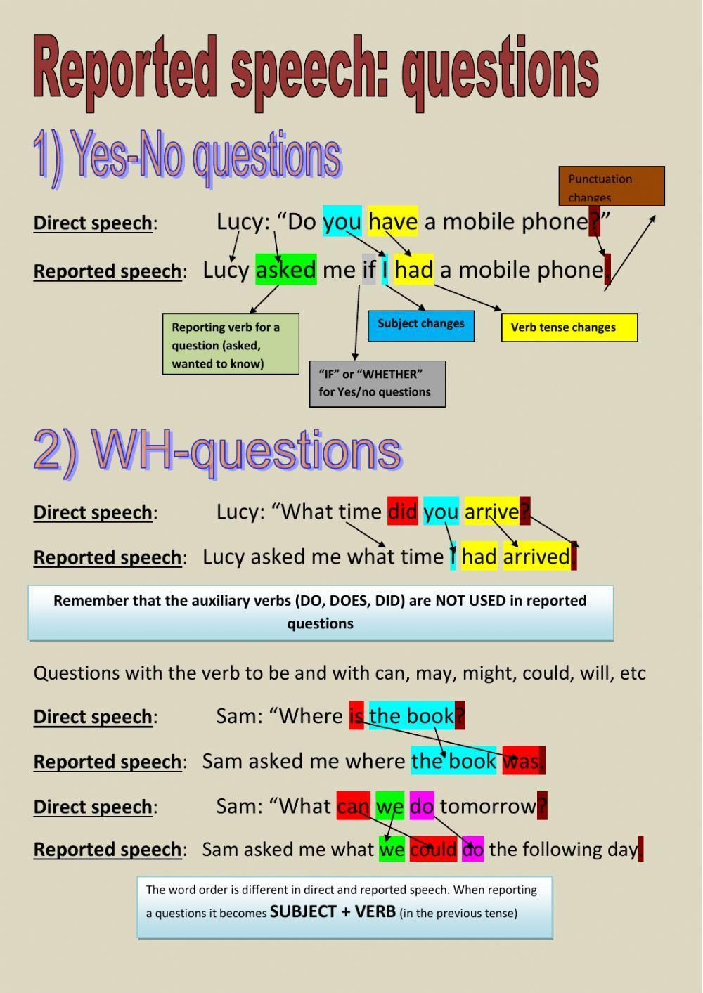 reported speech questions with answer