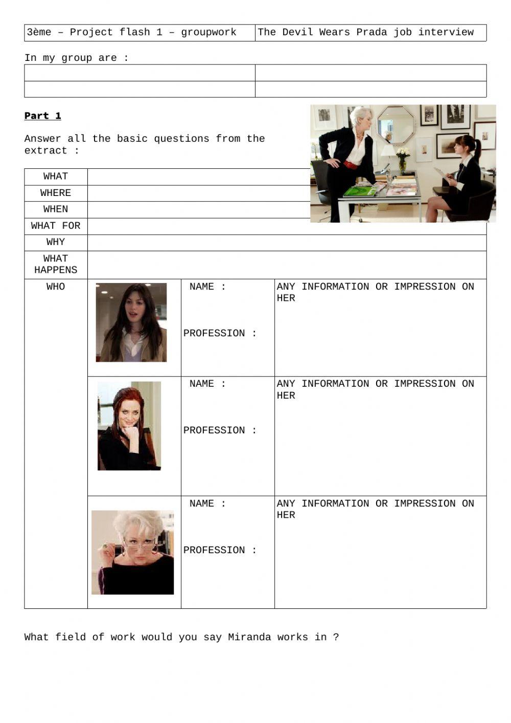 The job Interview, the Devil Wears Prada, open answers worksheet | Live  Worksheets