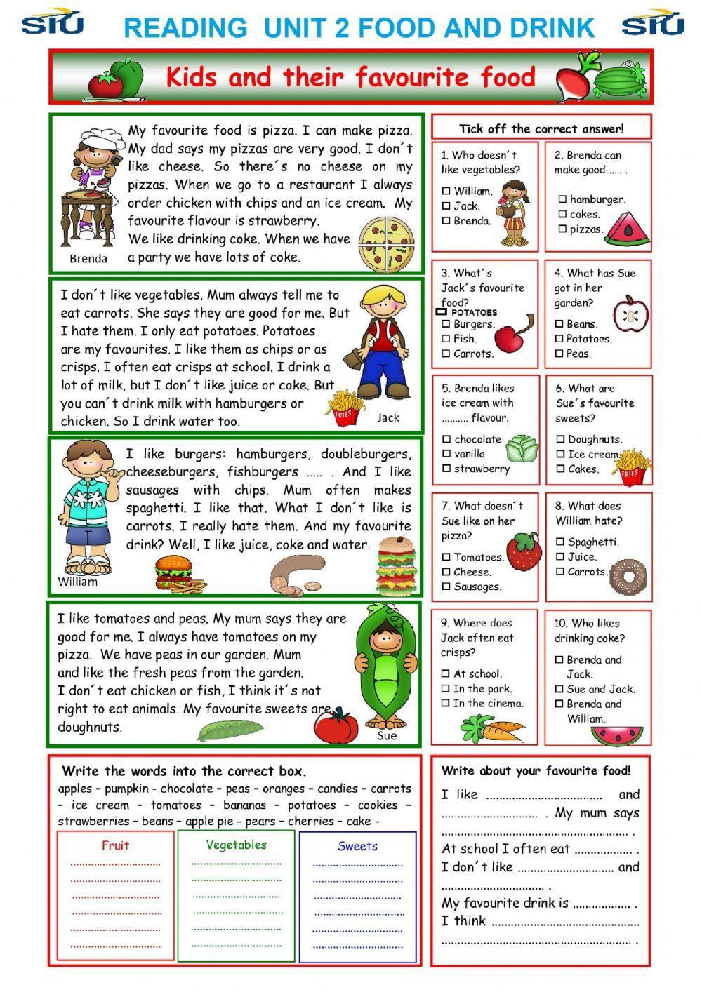 Reading food and drinks test a1-a2 worksheet | Live Worksheets