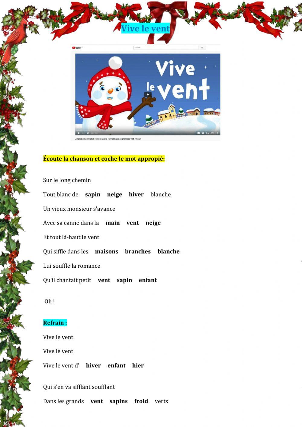 Chansons de Noël: -Vive le vent- worksheet