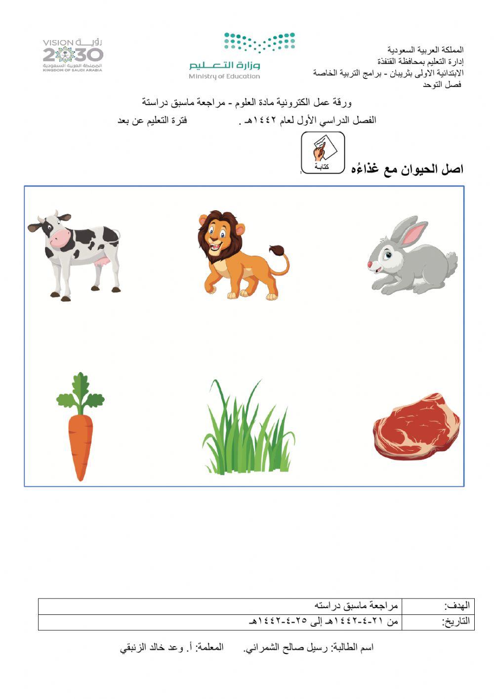 حاجات الحيوان - الغذاء - ورقة عمل الكترونية علوم worksheet | Live Worksheets