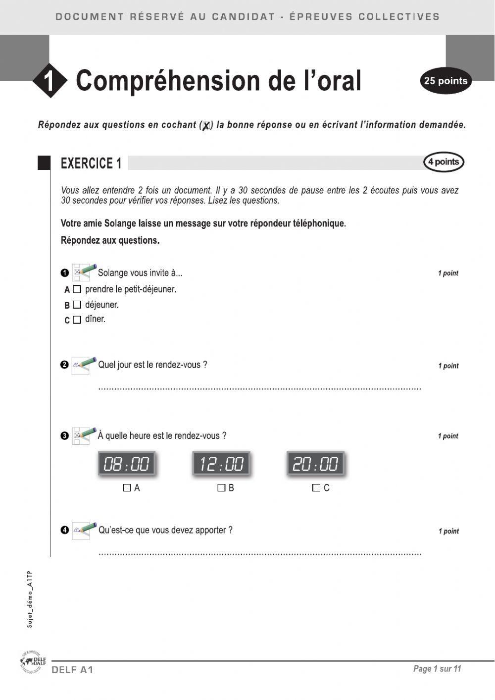 Compréhension orale DELF A1 (exemples) – aula de francès