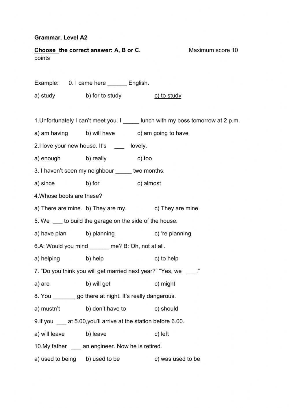 English Grammar A2 worksheet | Live Worksheets