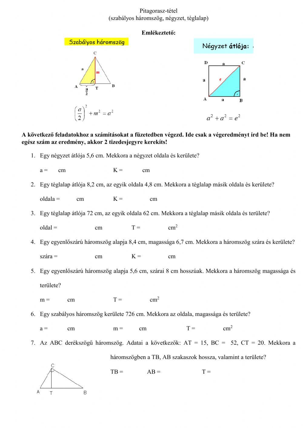 Pitagorasz-tétel (szab. háromszög, négyzet, téglalap) worksheet | Live  Worksheets