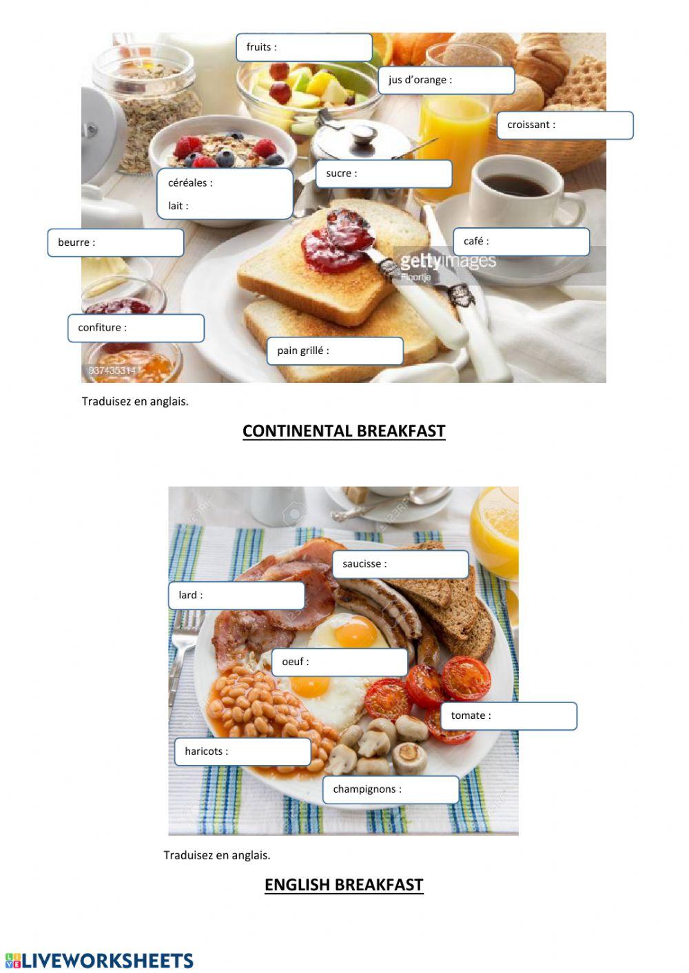 Continental breakfast vs English breakfast worksheet | Live Worksheets