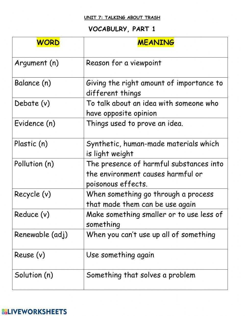 Vocabulary Unit 7 Part 1: Talking About Trash worksheet