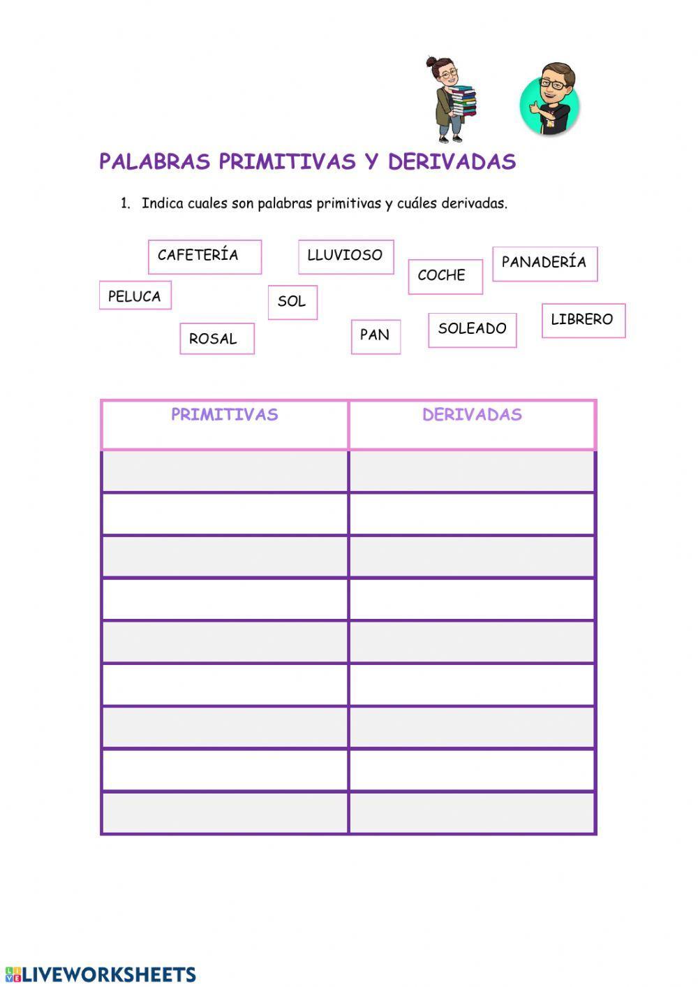 Palabras primitivas y derivadas interactive worksheet | Live Worksheets