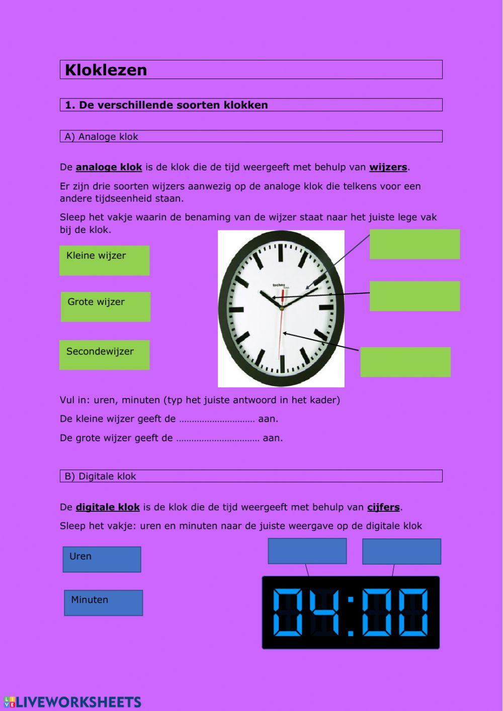 Kloklezen: de verschillende soorten klokken: analoog-digitaal worksheet |  Live Worksheets