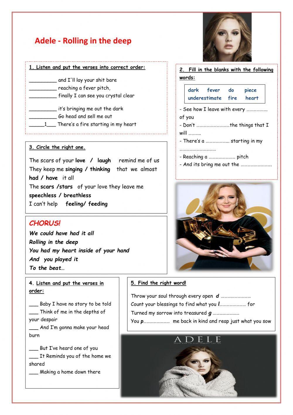 Song activity: Adele -Rolling in the deep worksheet | Live Worksheets
