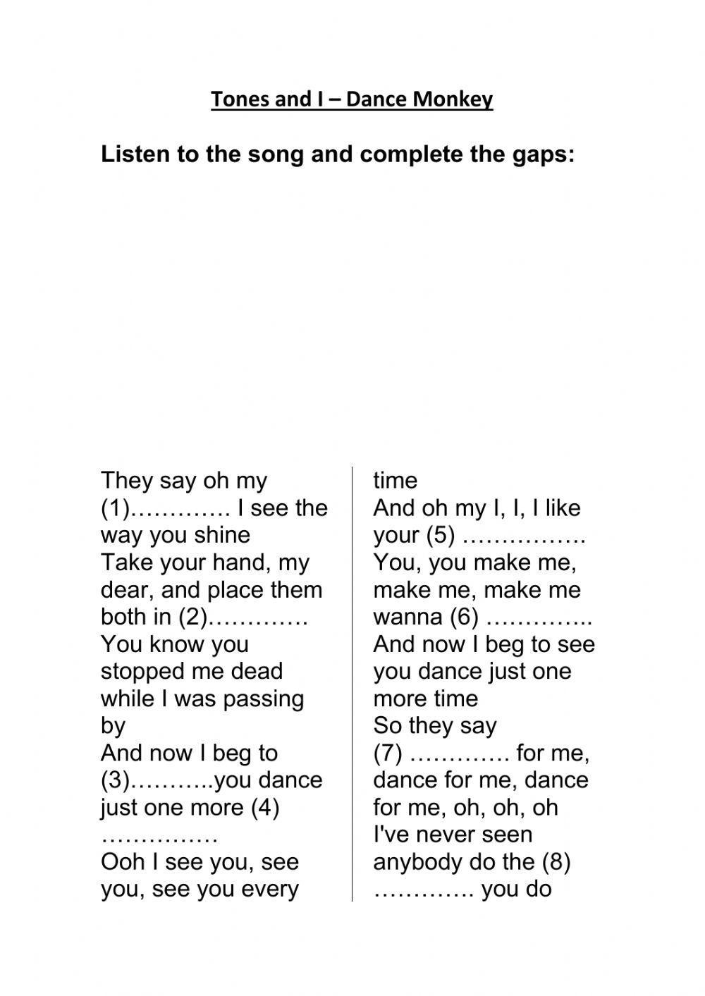 Dance Monkey Lyrics interactive worksheet | Live Worksheets