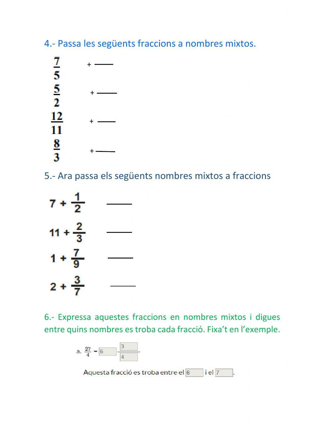 Fraccions i nombres mixtos worksheet | Live Worksheets