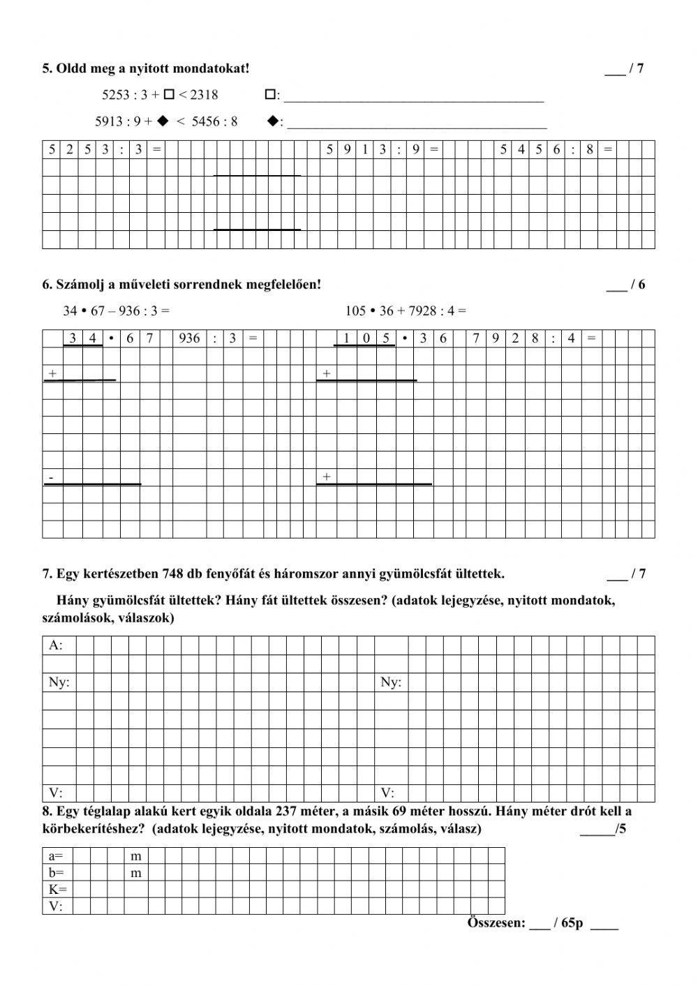 Matematika év végi felmérés 4. osztály worksheet | Live Worksheets