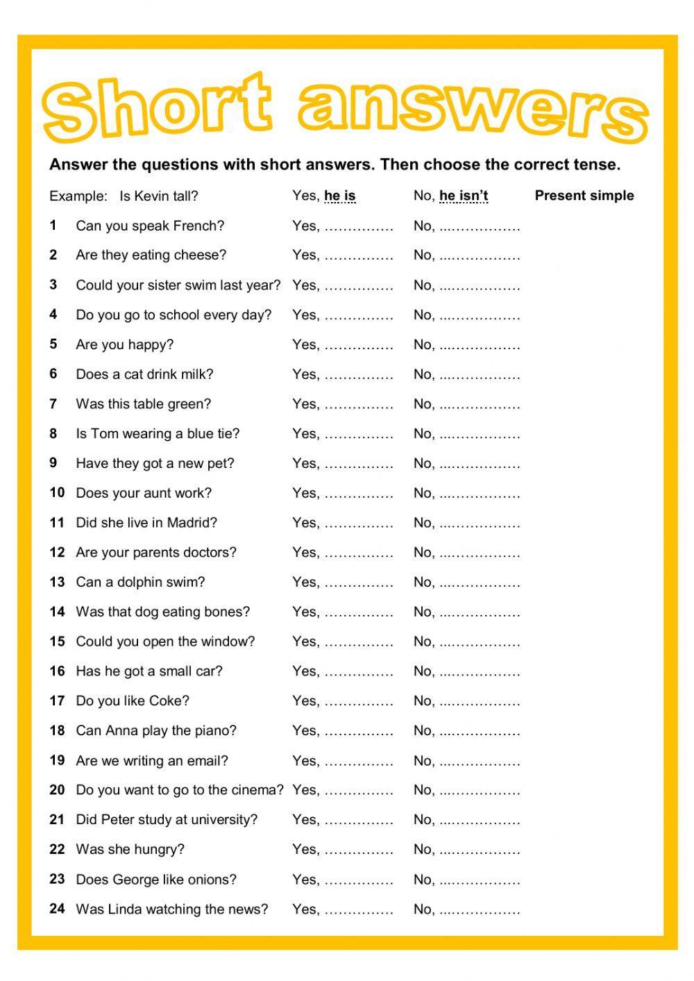 Short answers online worksheet | Live Worksheets