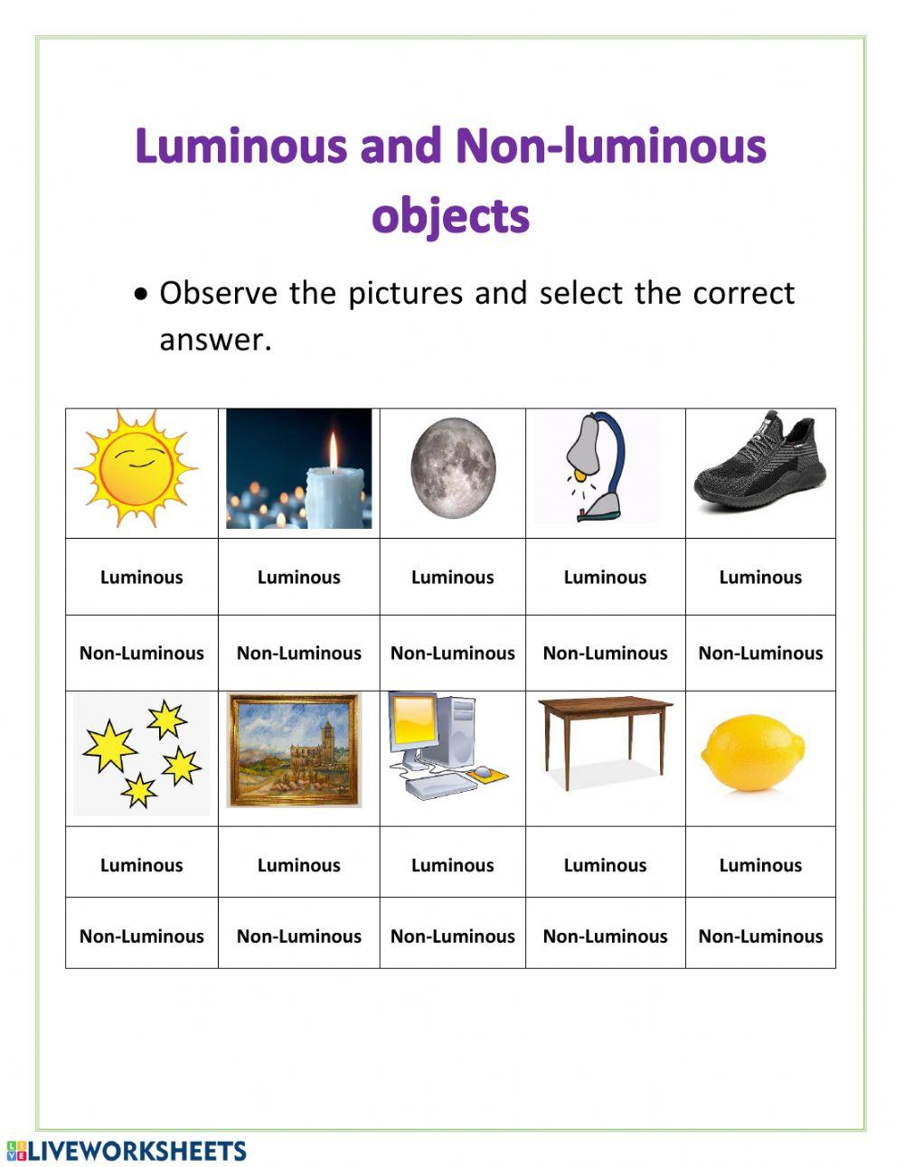 Luminous and Non luminous objects online exercise for | Live Worksheets