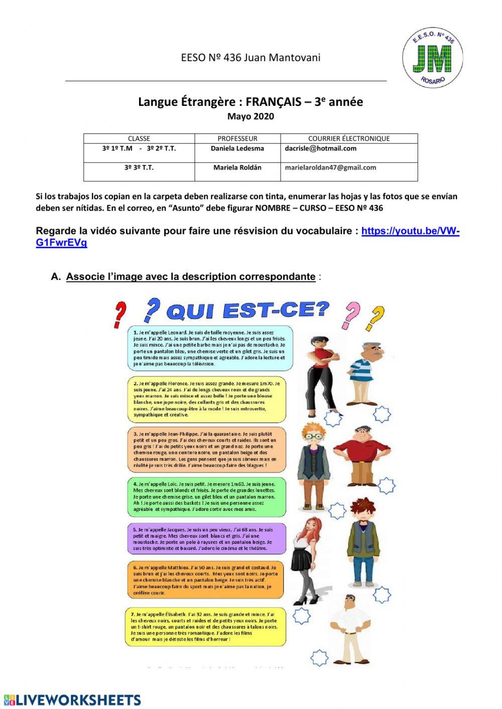 Description - matières scolaires worksheet | Live Worksheets