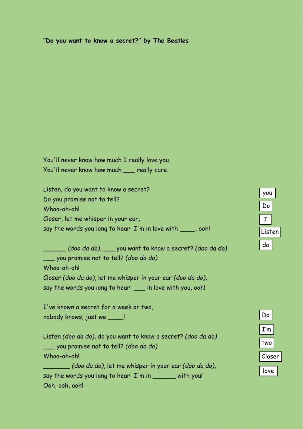 Song - Do you want to know a secret? by The Beatles worksheet | Live  Worksheets