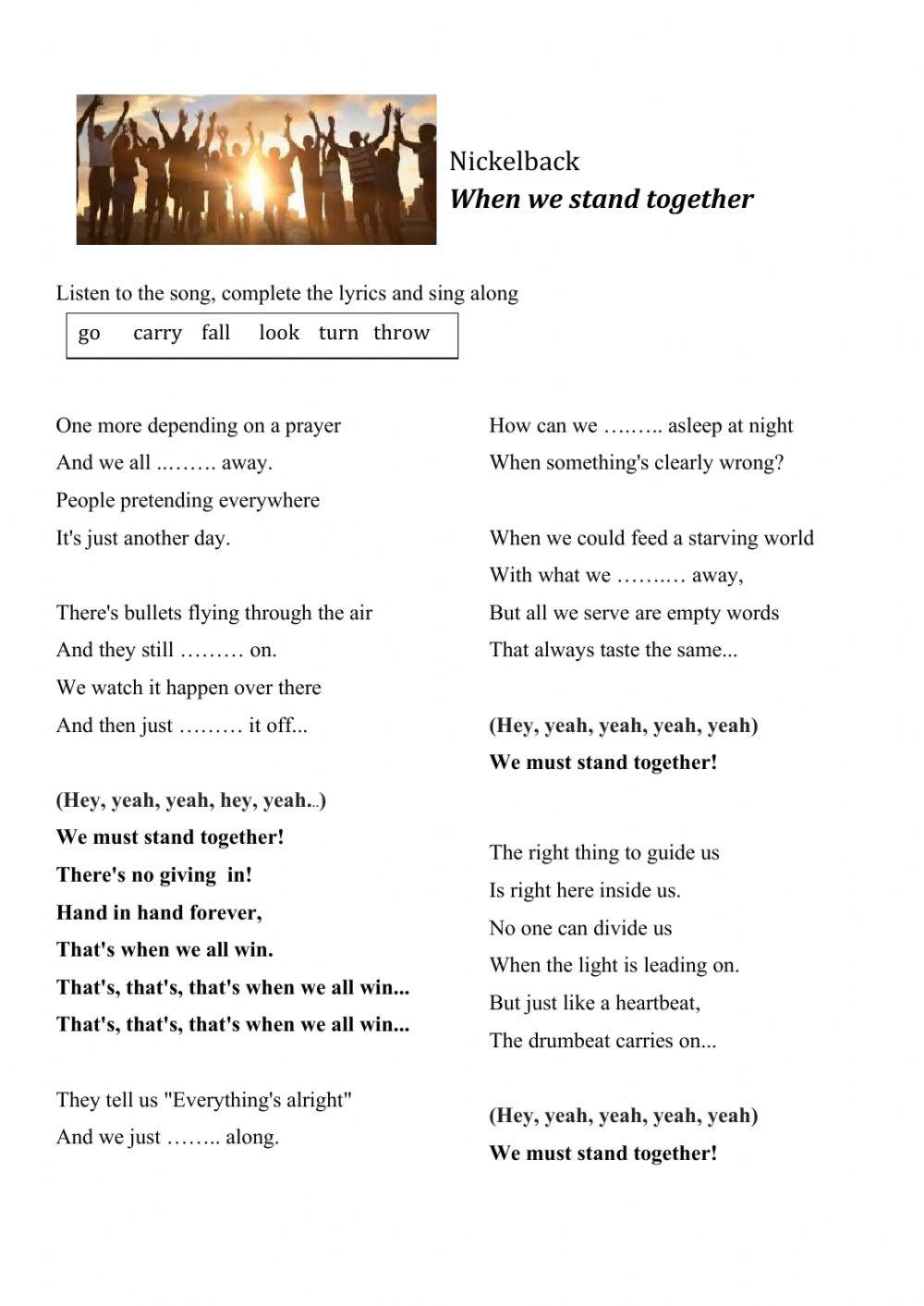 When we stand together, song and lyrics online exercise for | Live  Worksheets