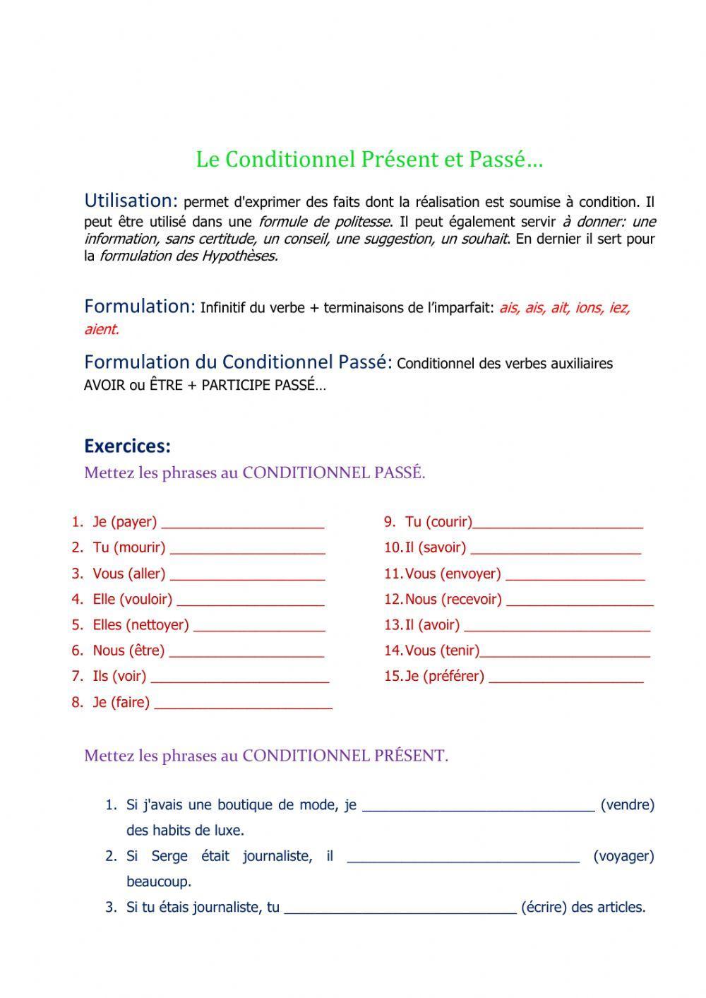 Conditionnel Présent et Passé interactive worksheet | Live Worksheets