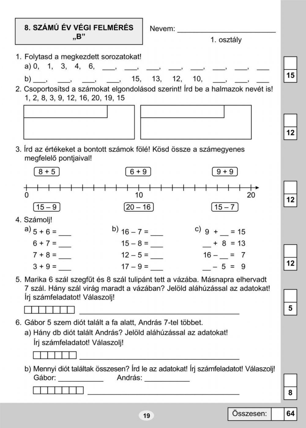 Év végi felmérés Matematika 1. online exercise for | Live Worksheets