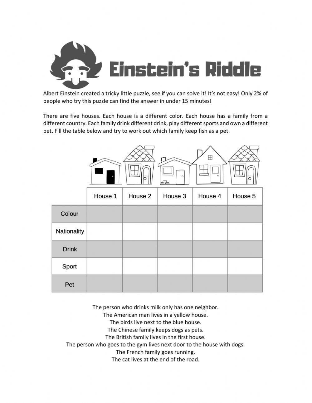 Einstein's Riddle worksheet | Live Worksheets